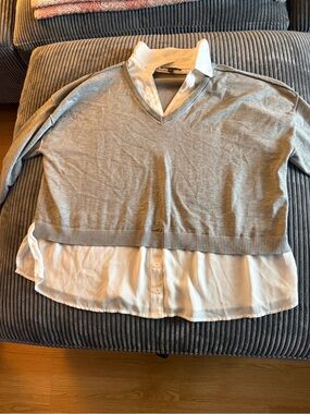 Adrianna Papell Gray Sweater Top with White Shirt Trim